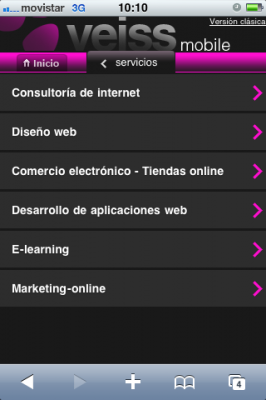Página web Veiss.com móvil