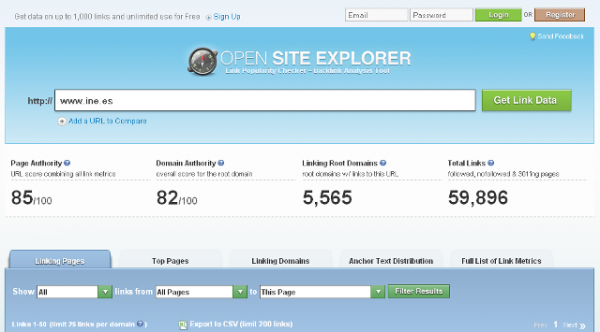 Vista del Sitio Web Open Site Explorer, backlinks análisis y Link Popularity