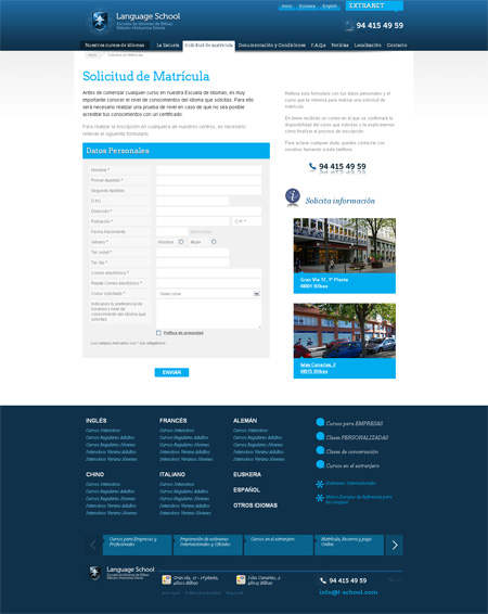 Página de solicitud de matrícula de Language School